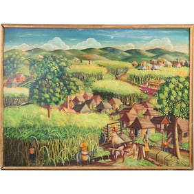 Samuel Roker, born 1953, Haiti, Large Oil on Board Painting HAITIAN LIFE, Signed, Framed