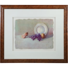 Signed Douglas, Framed Vintage Pastel Painting Still Life with Grapes, Fruit, Plate