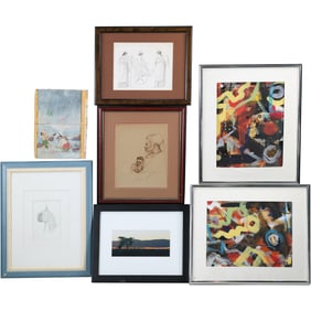 Grouping of 7 Assorted Artwork including 2 Dennis Sakelson Signed Abstract Oil Paintings
