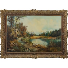 Artist Signed Large Vintage Framed Oil on Canvas Landscape with Lake
