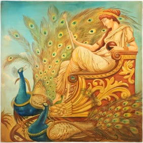 Signed Mirvelov, Large Oil on Canvas Painting Goddess on Throne with Two Peacocks 36 in. x 36 in.