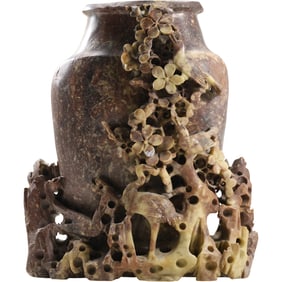 Intricately Carved Chinese Soapstone Vase with Egret / Heron Bird and Flowers