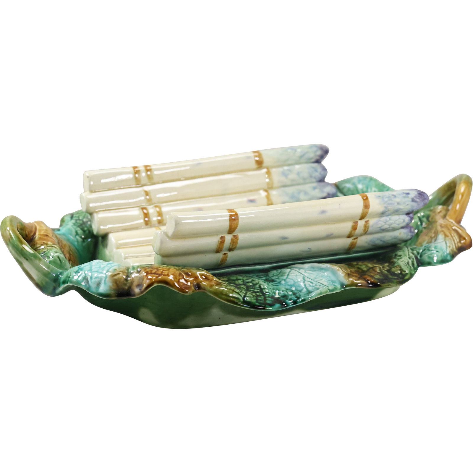 19th C. French Majolica Asparagus Glazed Center Serving Bowl 15 inches length (1 of 10)