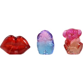 3 Assorted KOSTA BODA Colored Glass LIPS, OWL, KAOLA BEAR Figures