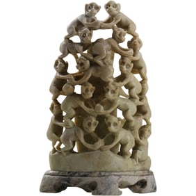 Vintage Chinese Carved Soapstone Pyramid of Wise Monkeys 5.25 in. height x 3.25 in. wide