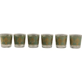 Set of 6 Vintage 1950s Jeannette Glass Laurel & Lyre Green / Gold Cocktail Glasses