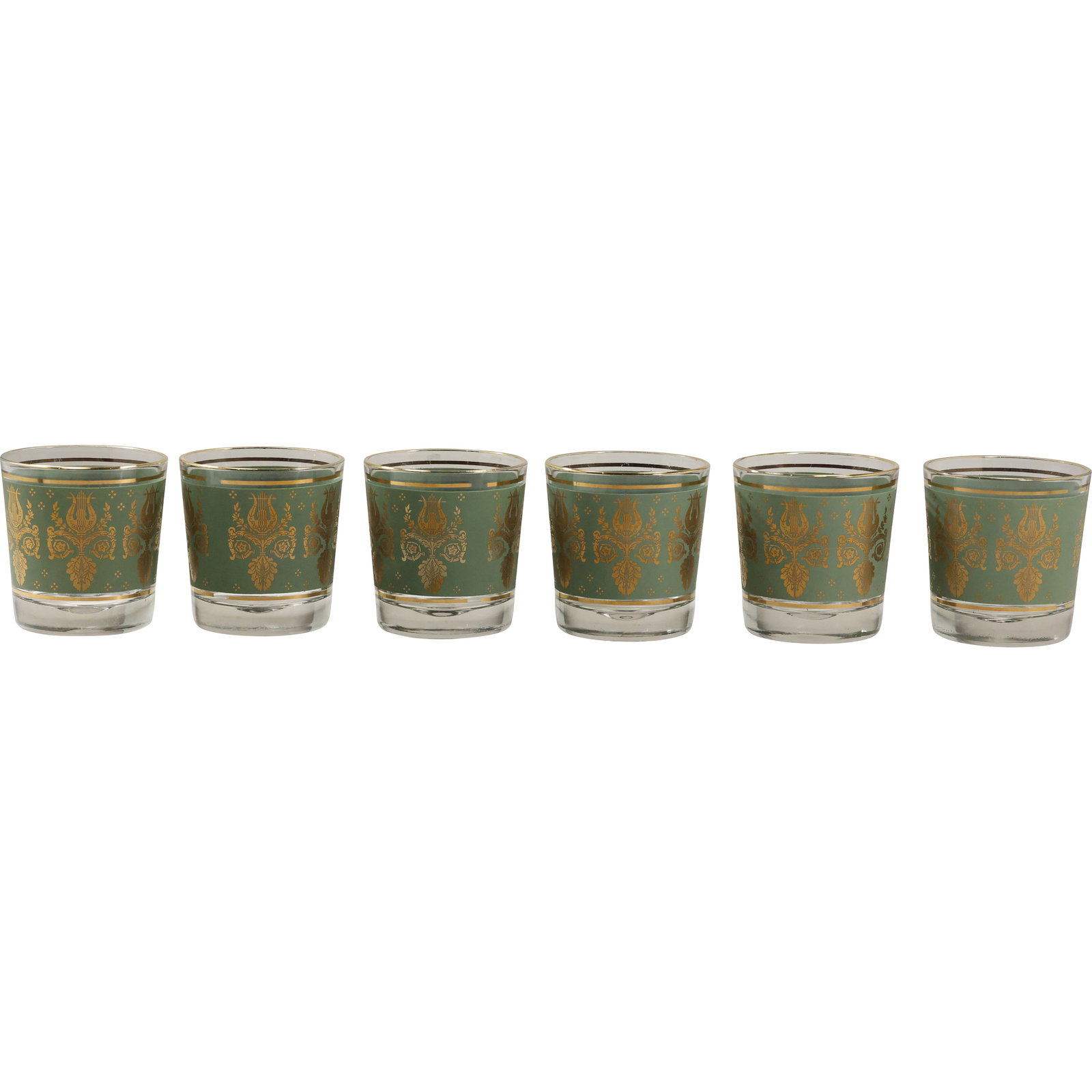 Set of 6 Vintage 1950s Jeannette Glass Laurel & Lyre Green / Gold Cocktail Glasses (1 of 14)