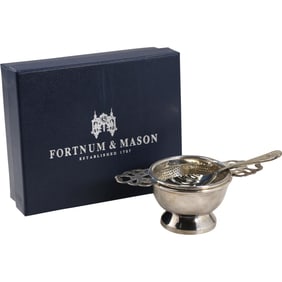 Fortnum & Mason Silver Plate Tea Strainer & Long-Handled Caddy Spoon Set with Box