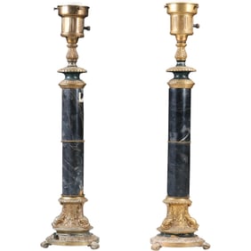 Pair Tall Neo Classical Column Lamps, Cast Metal with Marble Columns [few flaws See Pictures]