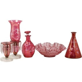 5 Piece Estate Grouping of Cranberry, Red, Red Flash Glass Items - Variety - Lamps, Bowl, Decanters