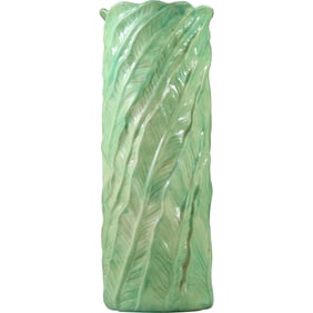 Tall Green Glazed Ceramic Palm Leaf Floor Vase / Umbrella Stand Hollywood Regency 23 in. height