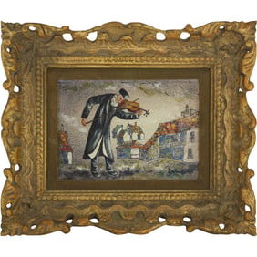 Ferdinando Spina, Signed Enamel On Copper Art "Fiddler on The Roof" Judaica Plaque, Framed