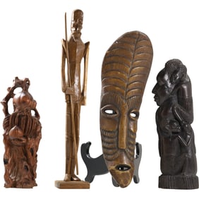 4 Assorted Wood Carving Sculptures, Mask, from around the World - Variety - See Pictures