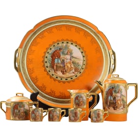 8 Piece ROYAL VIENNA Beehive mark Tea Set including under Tray Orange with Genre Scenes