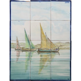 Signed Migo, 12 Art Tiles Plaque Sailboats, Portugal, 22 in. x 17 in.