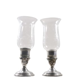 Pair Sterling Silver Weighted Candlesticks with Crystal Glass Hurricane Shades 10 in. height