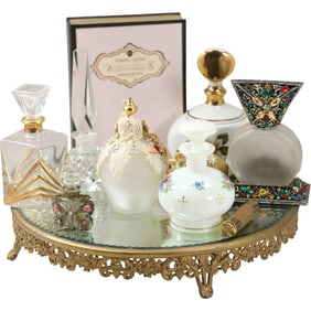 8 Assorted Perfumer Bottles with Round Mirrored Dresser Tray - SEE PICTURES