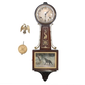 Vintage 8-Day Banjo Clock, Eagle Top Finial and Pendulum, 33 inches length x 9 n. wide