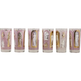 Set of 6 Mid-Century Modern Drinking Cocktail Glasses with Roman Greek Motif Panels, Barware
