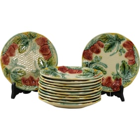 Set of 12 19th C. Antique French Majolica Luncheon Plates with Strawberries 8 in. diameter