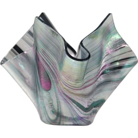 Signed Tag , Art Glass Iridescent Handkerchief Vase 5.5 in. height x 6.5 in. wide