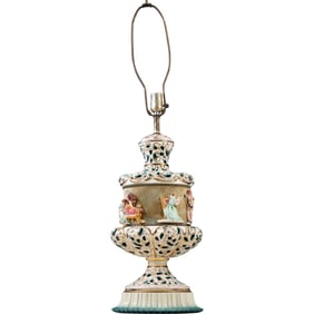 Circa 1920s Capodimonte Table Lamp with Courting Scenes in Relief 36 in. overall height x 10 in. w.