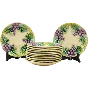 Set of 12 19th C. Antique French Majolica Luncheon Plates with Grapes 8 in. diameter