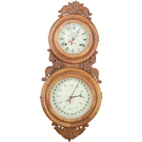Double Dial Calendar Wall Hanging Clock, Wood Case, Made in Korea, 31 in. length x 13 in. wide