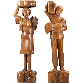 2 Polynesian Ethnic Carved Wooden Statues of a Man and Woman each 30 inches height x 9.5 in.