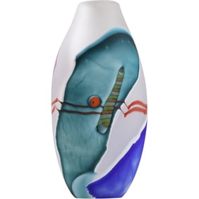 Signed JAMES R WILBAT Art Glass Vase with Abstract Design 9.25 inches height x 4.5 in. wide