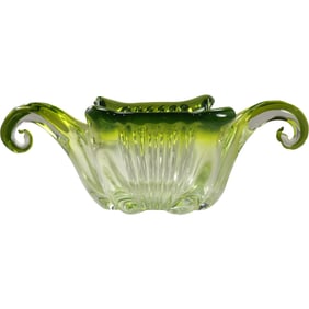 Large Elegant Thick Glass Center Bowl Green to Clear, Curled Sides 18 inches x 12.5 in.