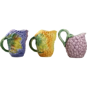 3 Assorted Italian Ceramic "Grapes" Pitchers in Various Colors 7.5 in. x 7 in.