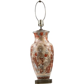 19th C. Japanese Satsuma Vase Table Lamp, Depicting Many Figures, 33 in. overall length