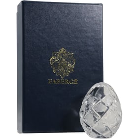 Fabergé Na Zdorovye Crystal Glass Egg Paperweight, Signed Faberge, 2.25 in. height, Original Box