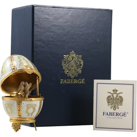 FABERGE EGG with Limoges Porcelain, Gold Gilt Metal Frame, Inside Birds on Branch, with Box