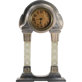 RARE Antique German Art Deco Portico Clock Crystal Glass Columns 15.5 in. height x 9.5 in. wide