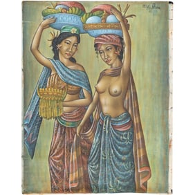 J W Asta, Bali, Vintage Oil on Canvas 2 Young Women Standing Portraits, loose unstretched canvas