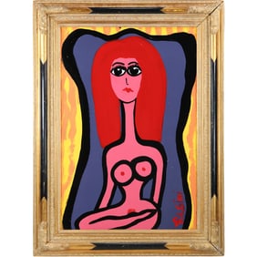 Thomas Pulgini, Listed American Pop-Artist, Oil on Canvas Painting Pink Woman with Red Hair