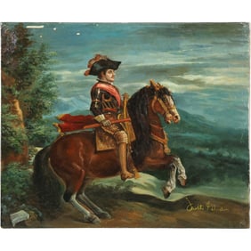 after Diego Rodriguez de Silva y Velazquez 'Felipe IV on Horseback', 20th C. Oil on Canvas Painting