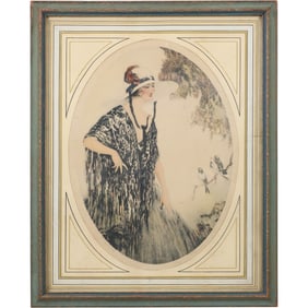 Art Deco Color Etching Signed Cote, "Quartette" Woman Listening to Birds Sing, Original Framing