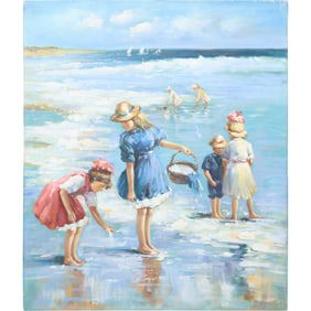 Children Playing at the Beach, Unsigned, Oil Art on Canvas Painting 20 in. x 24 in.
