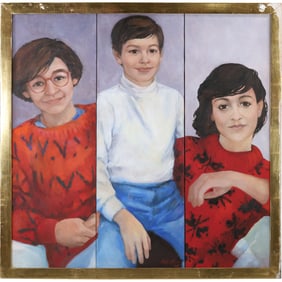 Kate Faisur, Oil on Canvas Painting, Triptych Portraits of Children, Quality Framing