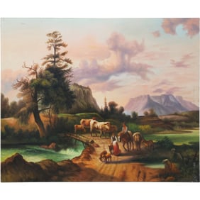 after after Friedrich Gauermann. 2 20th C. Oil on Canvas Painting Landscape with Figures and Animals