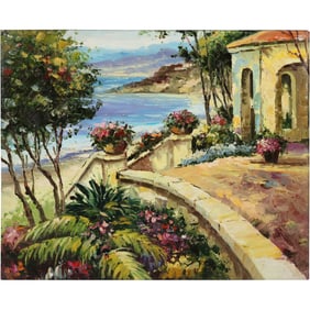 20th C. Oil on Canvas Painting Italian Coastal Villa Landscape 20 in. x 24 in.
