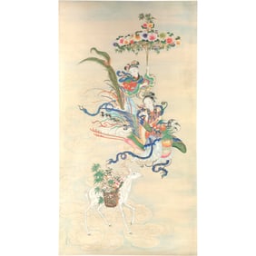 Chinese Scroll fairy tale painting, phoenix, white deer, Fairchild, meticulous Chinese god painting