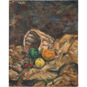 T Asorio, Vintage Oil on Canvas Painting Still Life with Basket and Fruits 24 in. x 30 in.