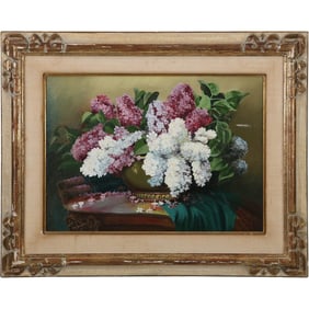 Artist Signed Illegible Vintage Oil on Canvas Painting Still life LILACS, Framed