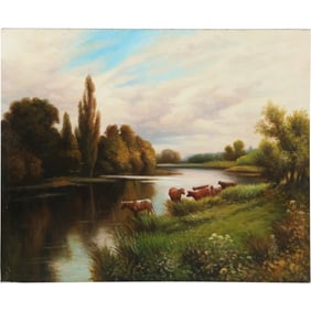 after Henry Hillier Parker, Cattle Watering by a Tranquil River, Oil Painting on Canvas