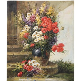 20th C. Oil on Canvas Painting Sill Life Flowers in Vase 20 in. x 24 in, , no frame