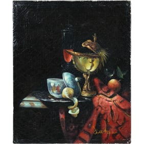 after Willem Kalf, Still Life with a Chinese Bowl, Nautilus Cup and Other Objects 20th C. Painting